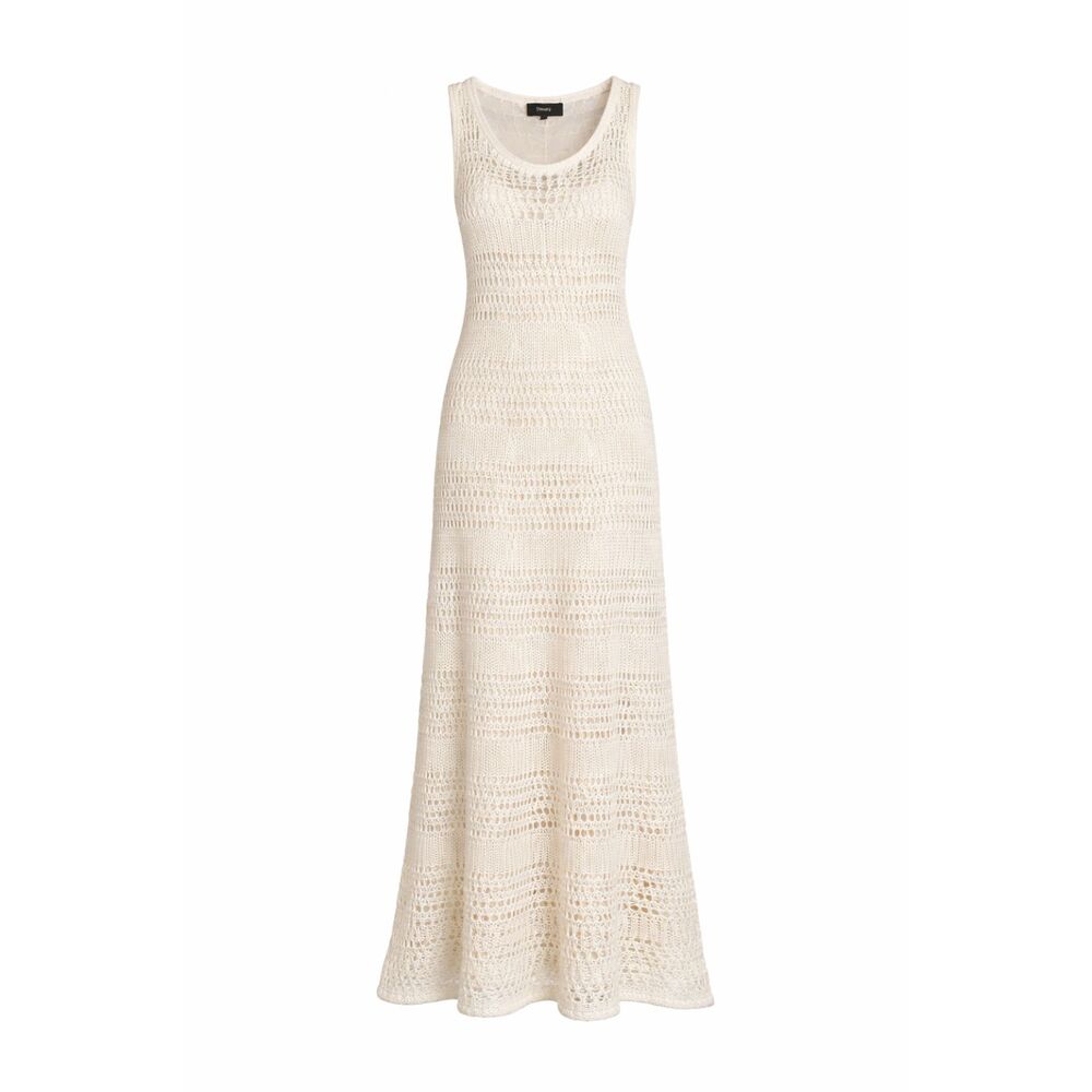 Theory Crochet Maxi Dress L Cream Cotton Open Knit Sheer Beach Cover Up Boho